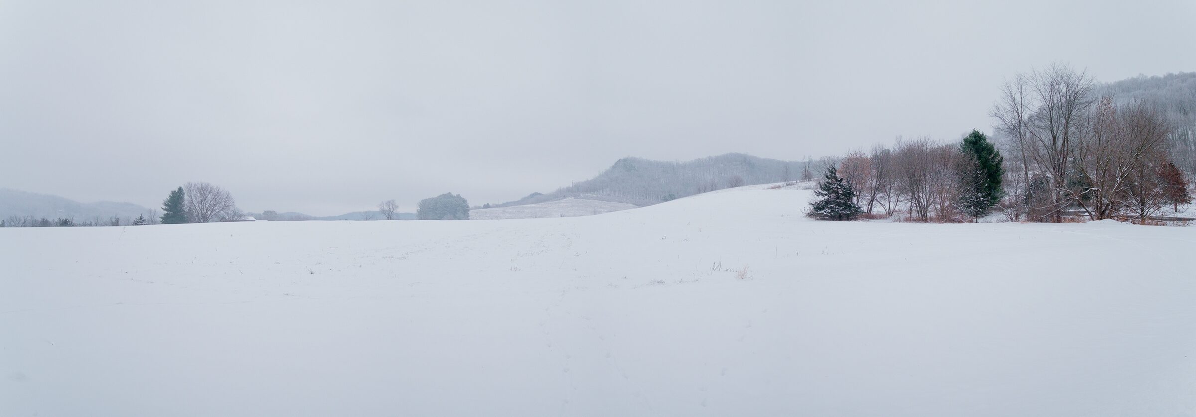 A wide, quiet panorama of snow-covered Wisconsin farmland under flat winter light.